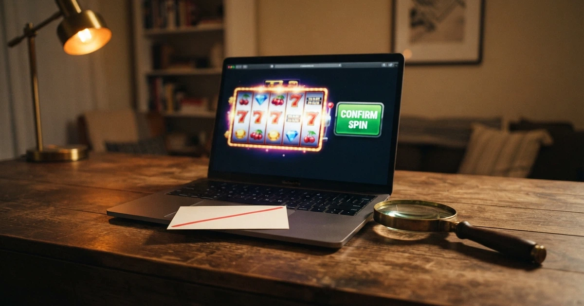 Un écran d'ordinateur affichant la page d'accueil d'un casino en ligne, avec une loupe posée à côté et un document d'identité barré d'un trait rouge en surimpression.