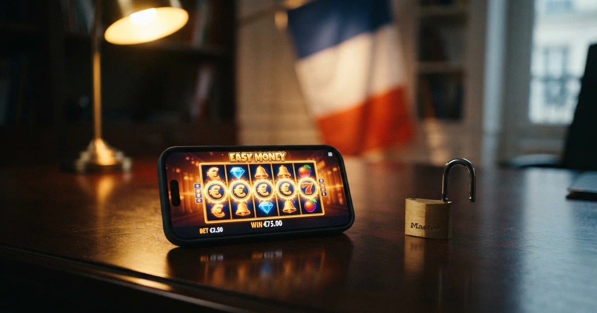 Un cadenas de sécurité numérique posé sur un écran affichant une interface de casino en ligne, avec le drapeau français en arrière-plan flouté