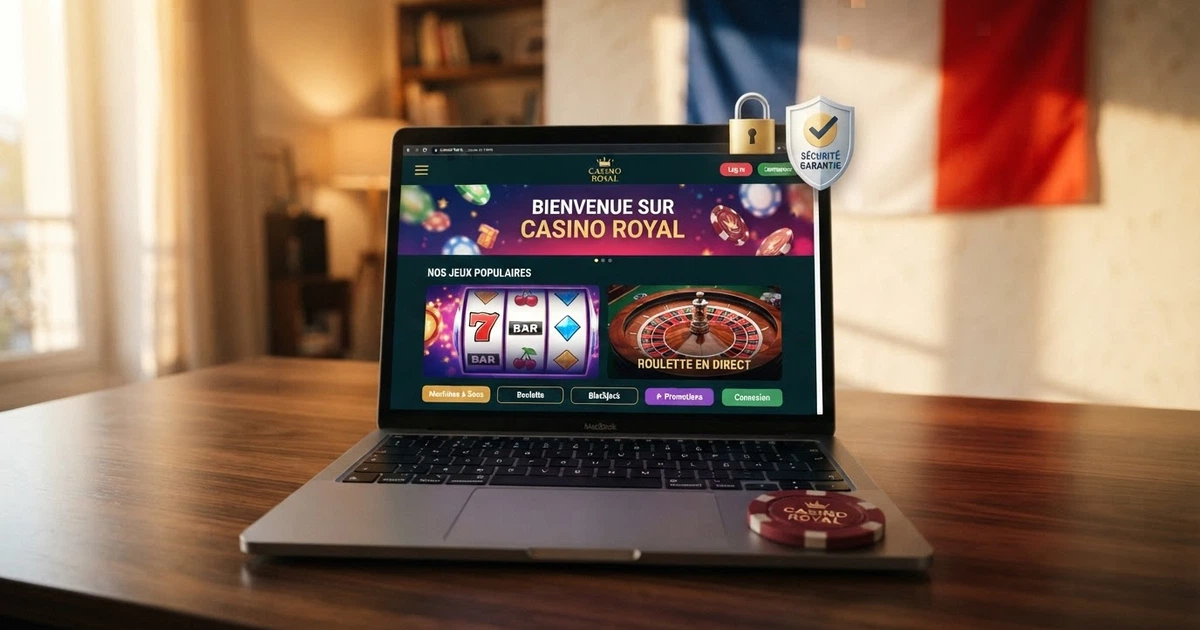 Un écran affichant la page d'accueil d'un site de jeu encadrée par des␣symboles␣de␣sécurité␣(cadenas,␣bouclier)␣et␣le␣drapeau␣français␣en␣filigrane