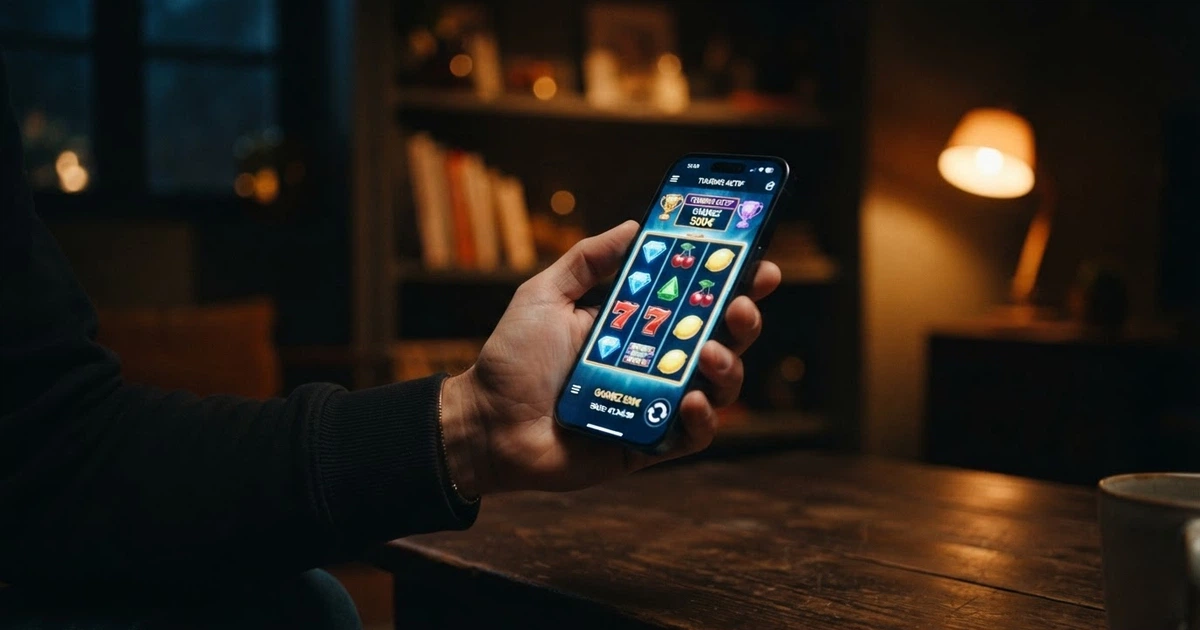 Un smartphone affichant l'interface d'un casino en ligne dans la main d'un joueur, écran allumé dans une pièce tamisée