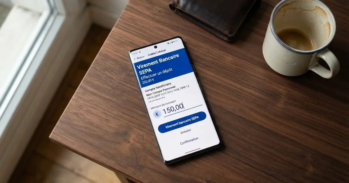 Un écran de téléphone affichant une page de dépôt avec l'option « Virement bancaire SEPA » sélectionnée, un RIB partiellement masqué à côté