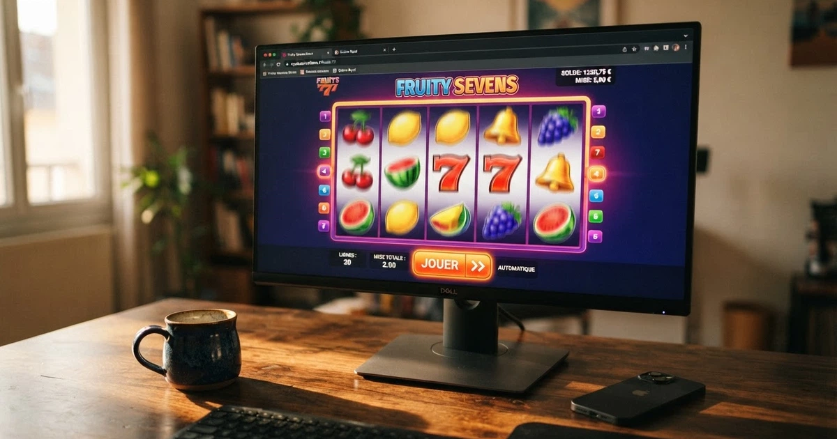 Écran d'ordinateur affichant une machine à sous gratuite en mode démo sur un navigateur, avec l'interface en français et le solde fictif visible