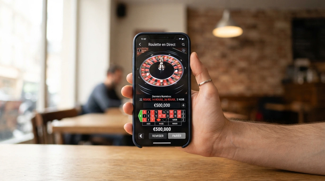 Une main tient un smartphone affichant une table de casino live avec l'interface de mise tactile