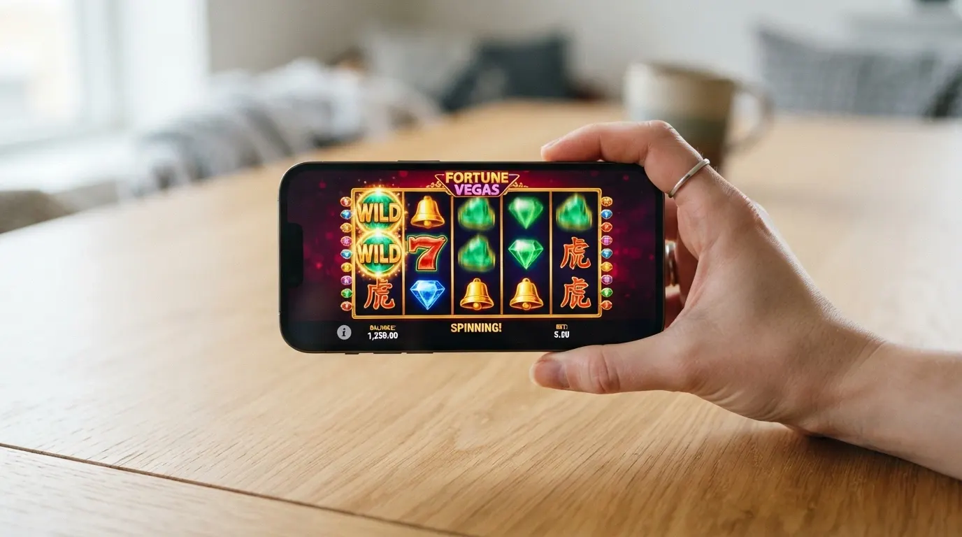 Smartphone affichant une machine à sous Microgaming en orientation paysage, main tenant l'appareil, interface tactile visible