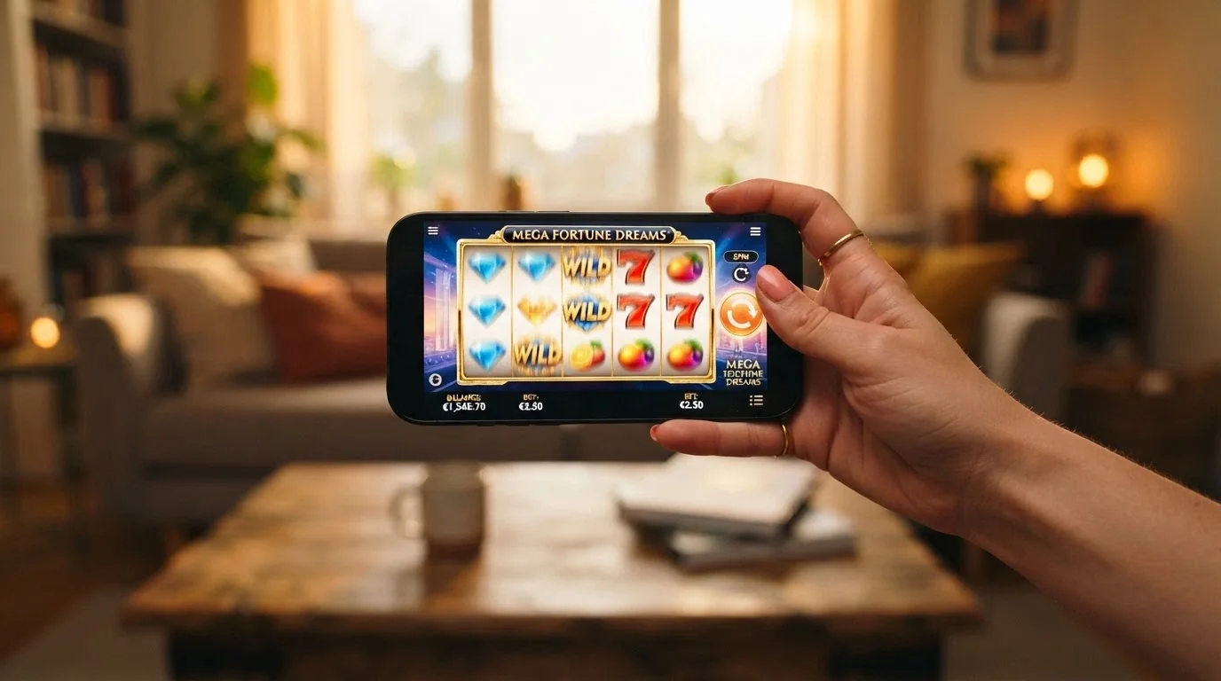 Un smartphone tenu en main affichant une machine à sous en orientation paysage, avec une icône de téléchargement d'application barrée en arrière-plan