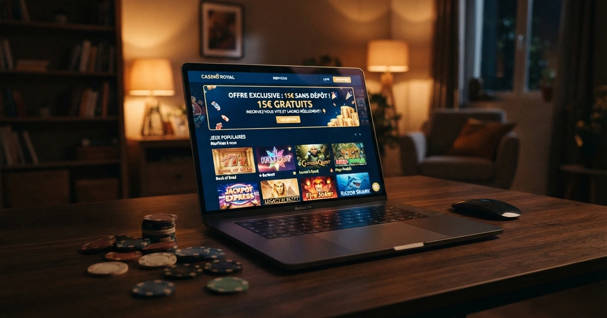Interface de casino en ligne affichant une bannière promotionnelle d'offre sans dépôt et une grille de machines à sous