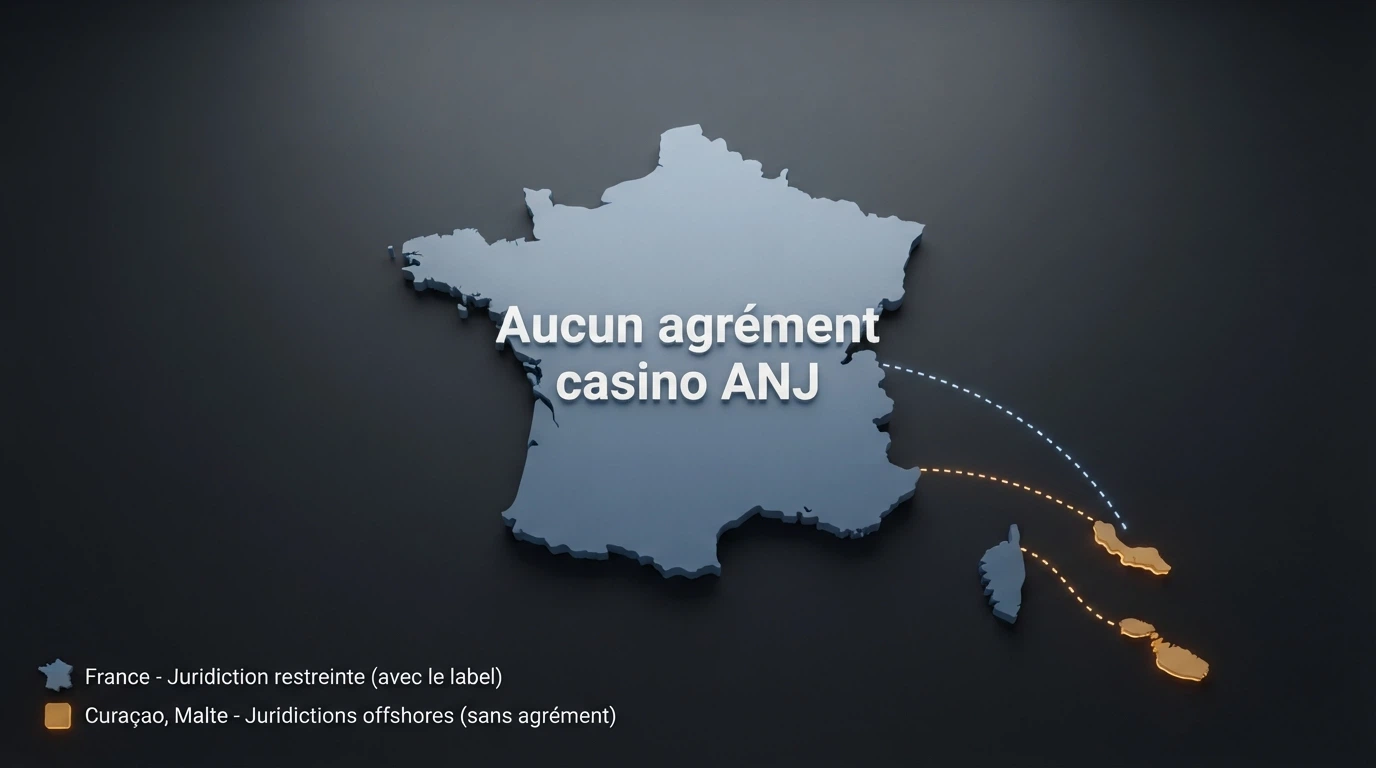 Une carte schématique montrant la France et les juridictions de licence (Curaçao, Malte) avec la mention « Aucun agrément casino ANJ »