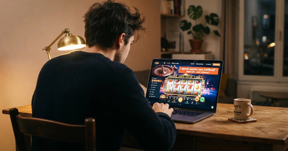 Un écran partagé : d'un côté l'interface d'un casino en ligne affichant « Retrait express sans justificatif », de l'autre le logo de l'ANJ et la mention « Vérifiez la licence de votre opérateur sur anj.fr »