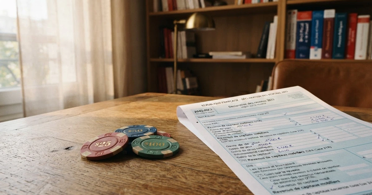 Des jetons de casino et une déclaration fiscale française posés côte à côte sur un bureau en bois