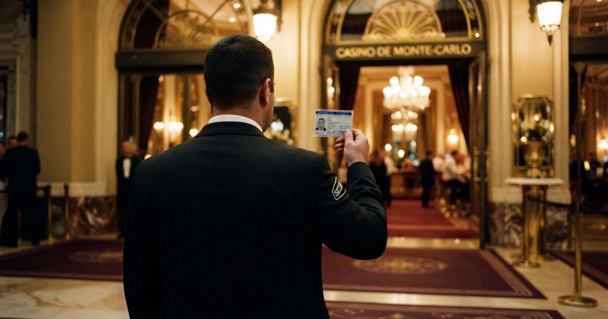 Un agent de sécurité vérifiant une carte d'identité à l'entrée d'un casino en France