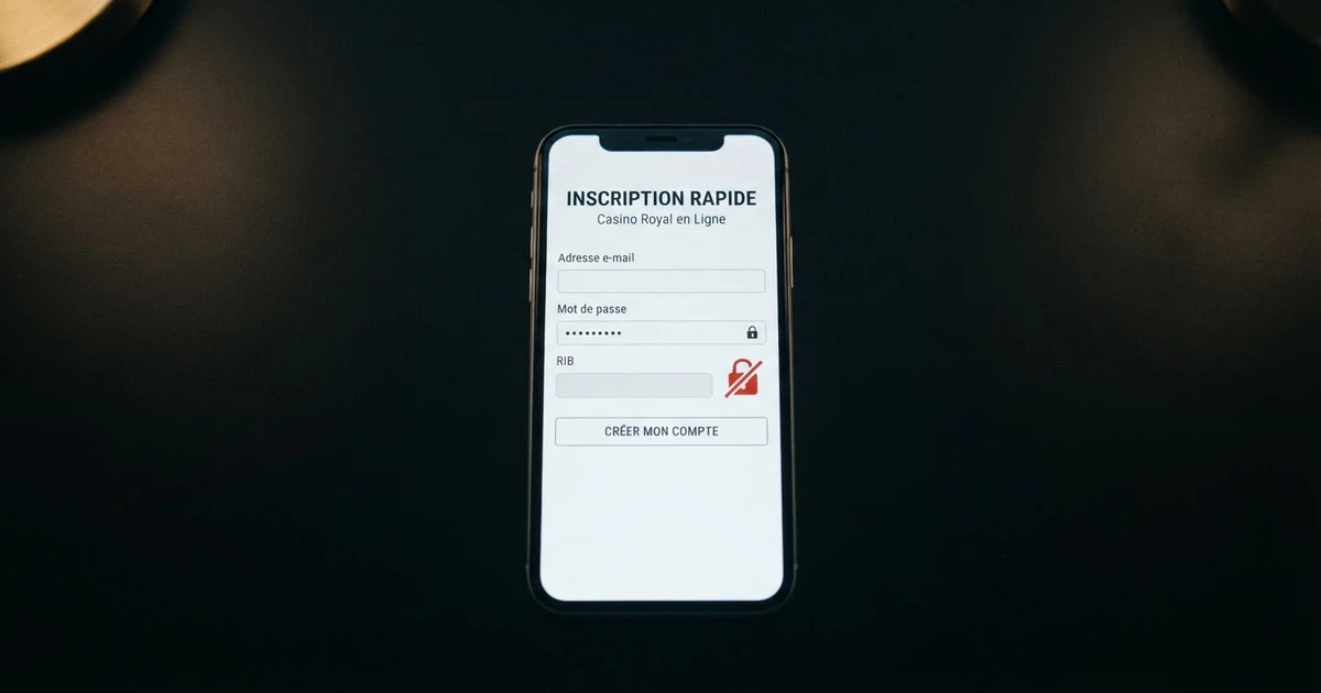 Un écran de téléphone affichant la page d'inscription d'un casino en ligne, avec l'icône d'un cadenas barré à côté du champ « RIB »