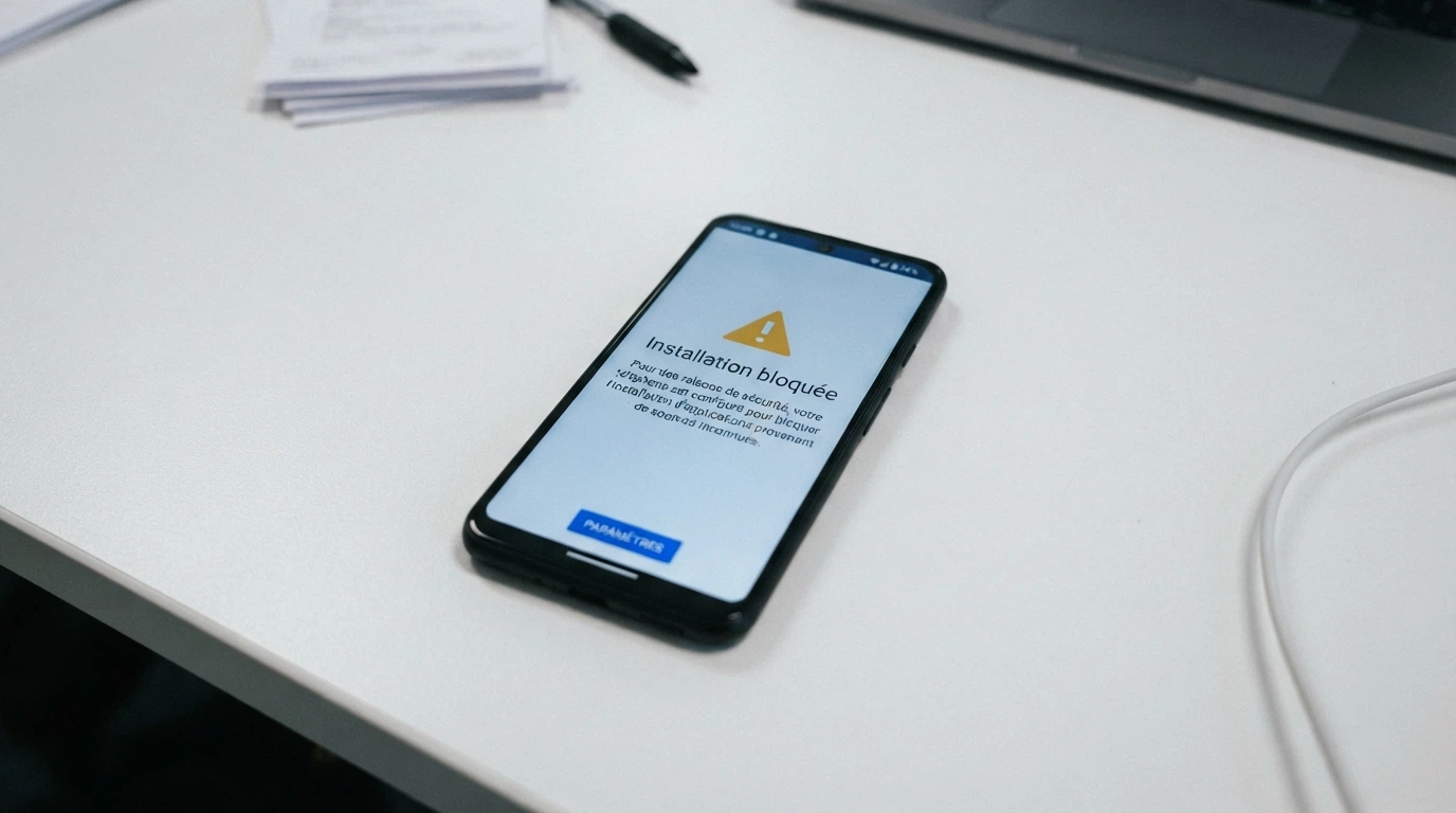 Un téléphone Android affichant une page de téléchargement d'APK avec un avertissement de sécurité