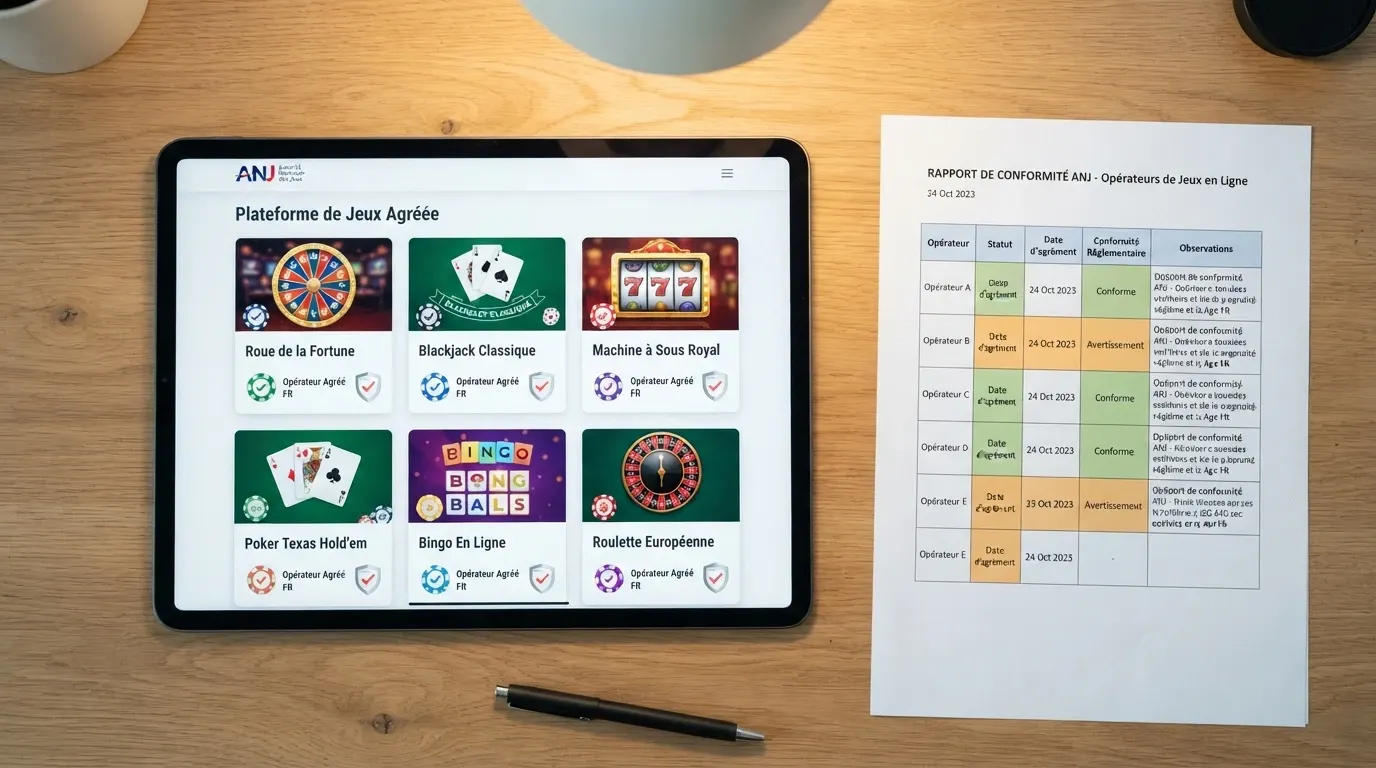 Interface comparative de casinos en ligne avec fiches opérateurs et statuts de licence