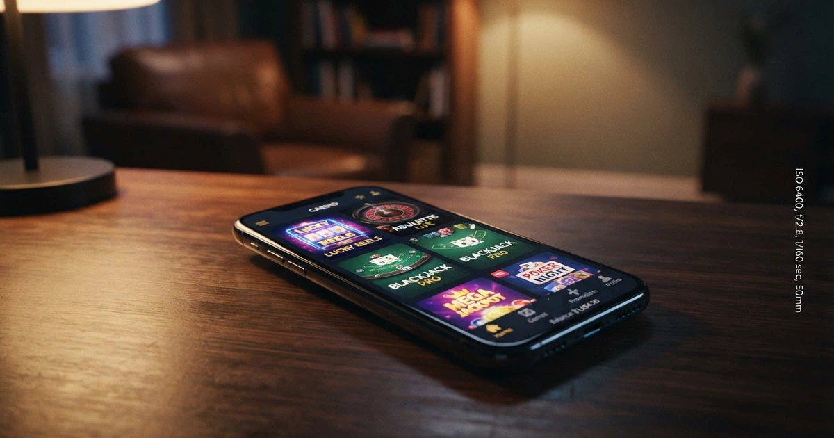 Interface d'une application de casino mobile affichée sur un écran de smartphone, avec des vignettes de machines à sous, une roulette et un menu de navigation en bas de l'écran