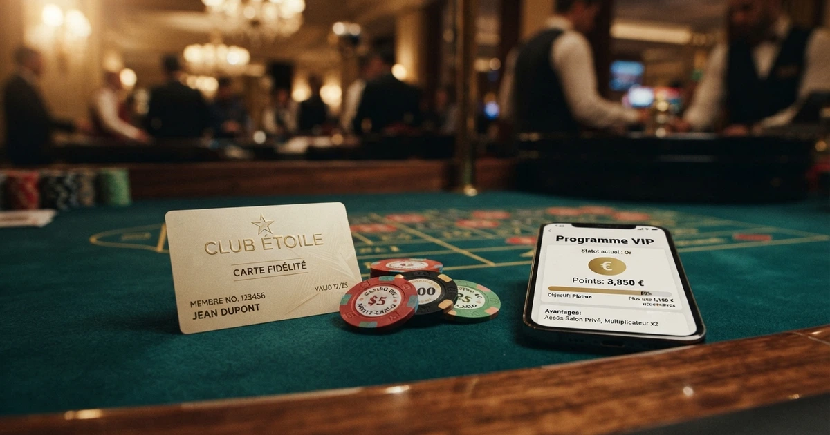 Une carte de fidélité de casino posée à côté de jetons et d'un téléphone affichant une interface de programme VIP
