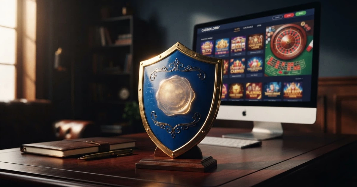 Un bouclier de sécurité bleu et or devant une interface de casino en ligne, avec le sceau officiel Malta Gaming Authority en surimpression