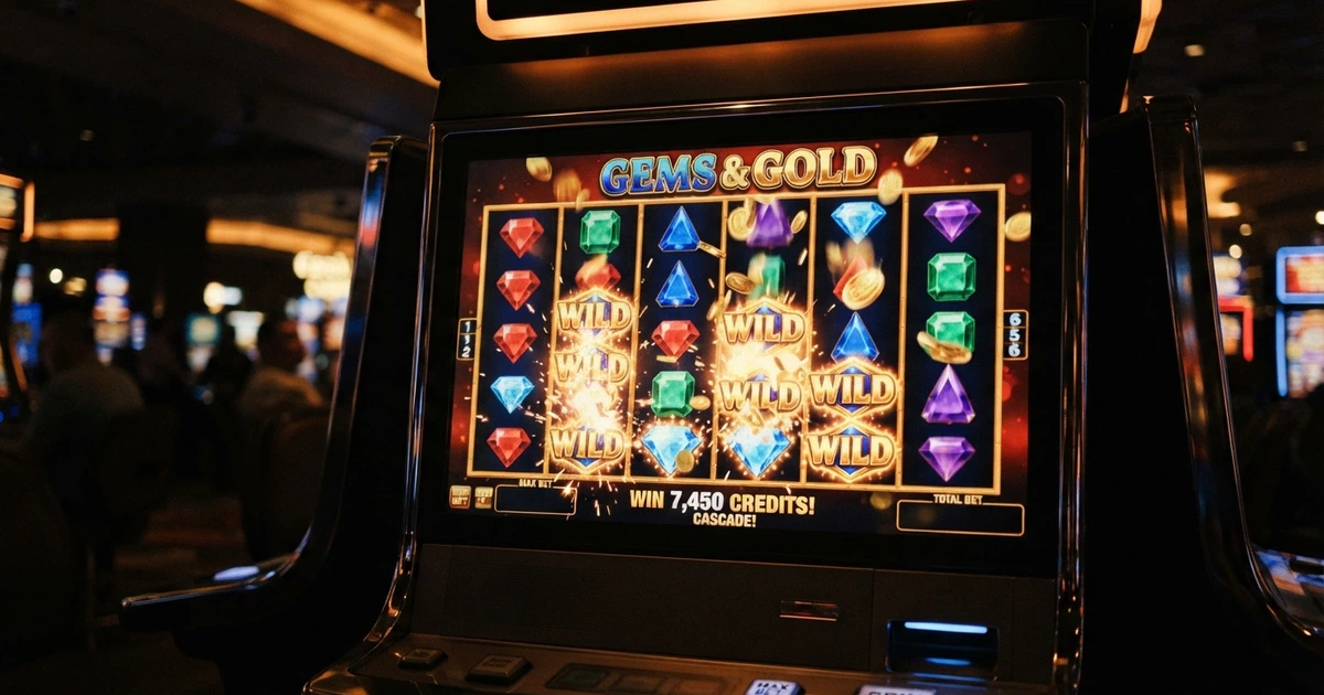 Interface d'une machine à sous Megaways affichant six rouleaux à symboles variables, sur fond de casino en ligne