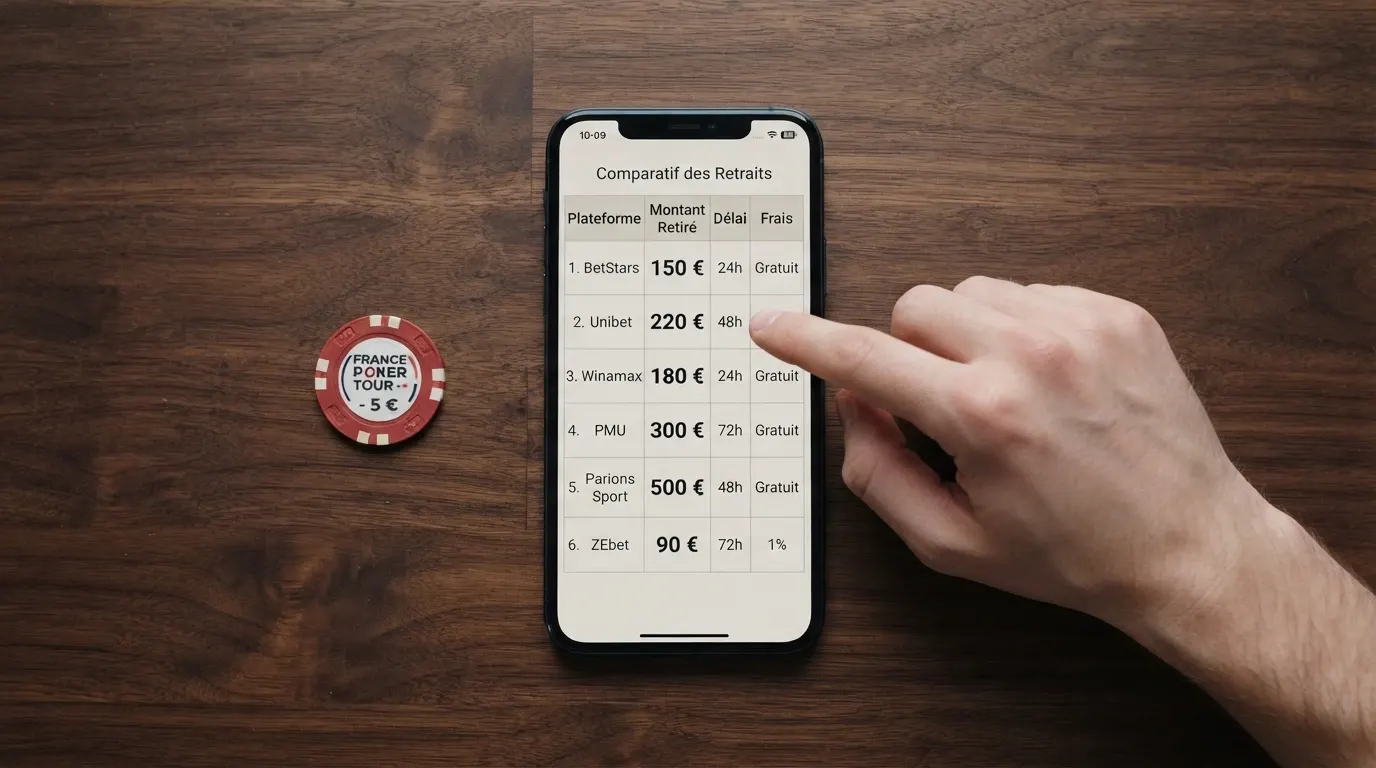 Une main tenant un téléphone portable, au-dessus d'une grille de comparaison affichant des montants de retrait