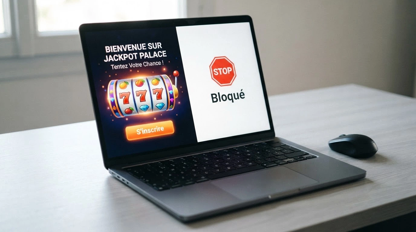Écran divisé montrant d'un côté l'interface d'un casino offshore en français, de l'autre le site de l'ANJ avec la liste des sites bloqués, une flèche reliant les deux.