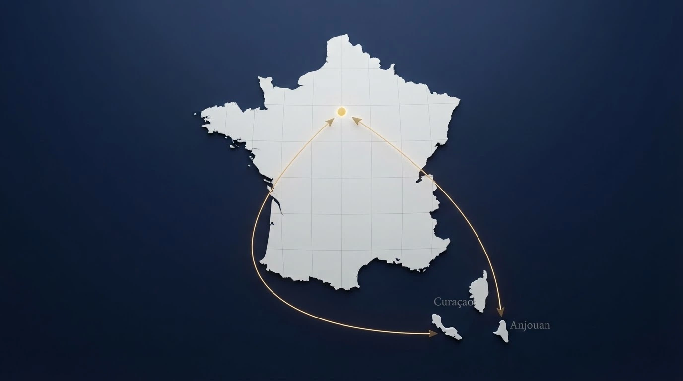 Une carte stylisée montrant les licences Curaçao et Anjouan reliées par des flèches au territoire français, avec les logos des principaux casinos offshore cités dans l'article.