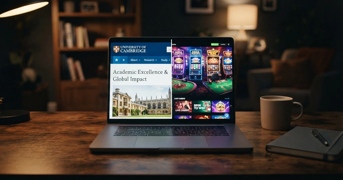 Un écran d'ordinateur affichant côte à côte le site institutionnel de l'ANJ et l'interface colorée d'un casino en ligne non régulé, séparés par un trait vertical.