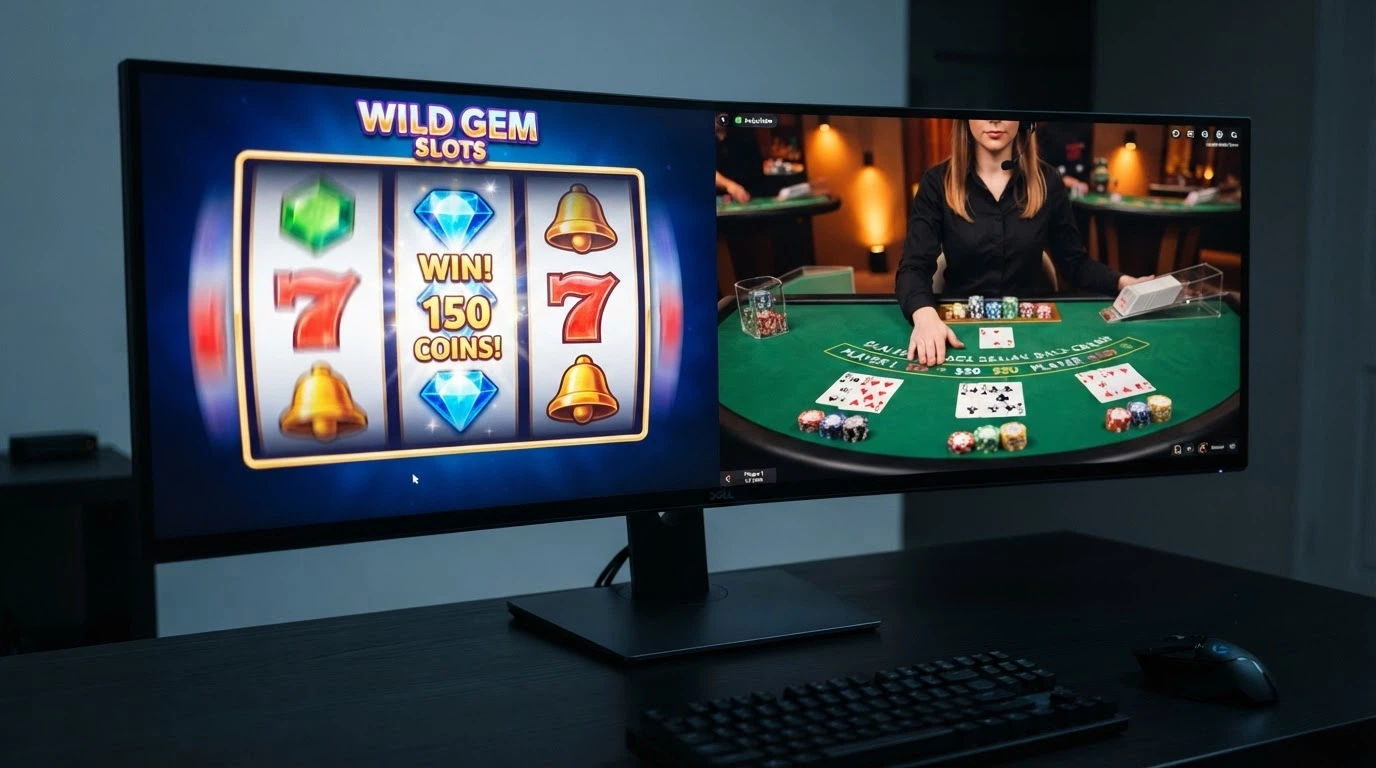Interface d'un casino en ligne sous licence Curaçao affichant une grille de machines à sous et une table de blackjack en direct avec croupier