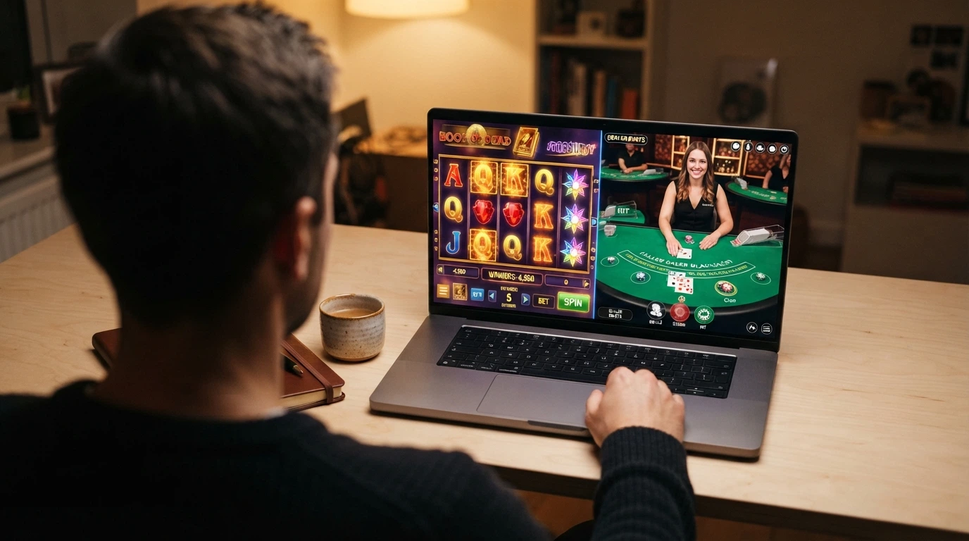 Un écran de casino en ligne affichant une grille de machines à sous colorées à gauche et une table de blackjack avec croupier en direct à droite