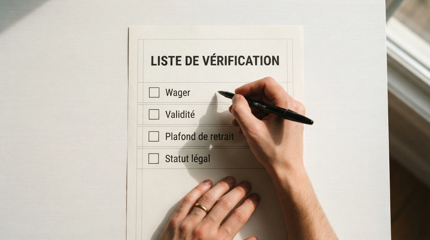 Une liste de contrôle en français avec quatre cases à cocher : wager, validité, plafond de retrait, statut légal.