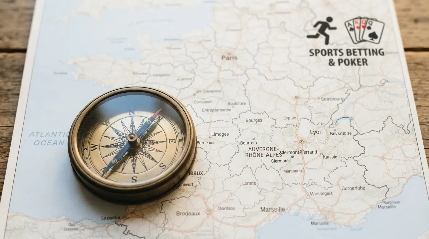 Une boussole posée sur une carte de France, son aiguille pointant vers le logo ANJ, avec en arrière-plan les icônes des paris sportifs et du poker