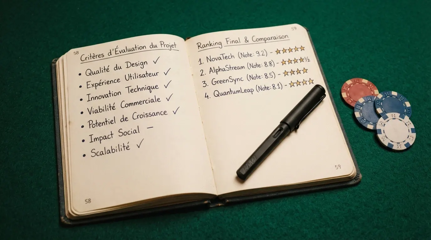 Tableau ou interface de classement de casinos en ligne avec notes, bonus et licences visibles