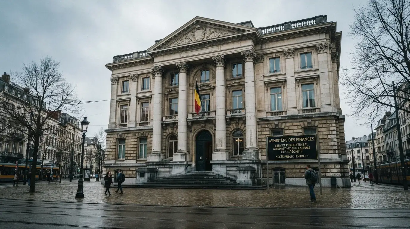 Façade officielle du bâtiment abritant la Commission des jeux de hasard à Bruxelles, avec le drapeau belge et l'enseigne institutionnelle