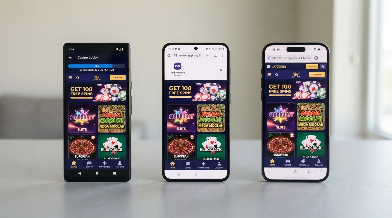 Trois écrans de smartphone alignés montrant le même casino sur une application native Android, une Progressive Web App ajoutée à l'écran d'accueil et un navigateur mobile Safari