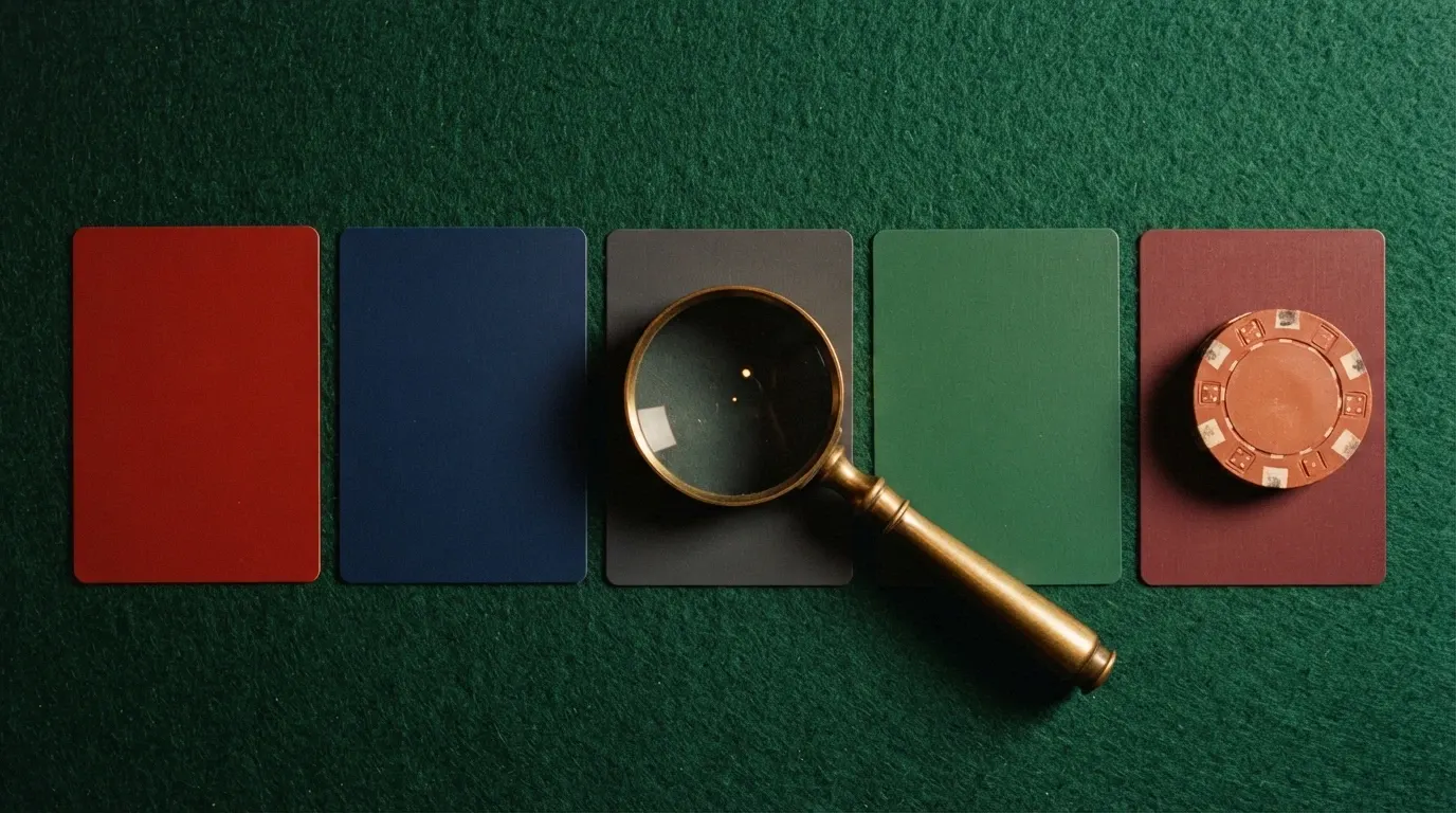 Une rangée de cartes de casino alignées sur une table, chaque carte affichant un logo générique de casino et un tampon de licence, avec une loupe posée sur l'une d'elles