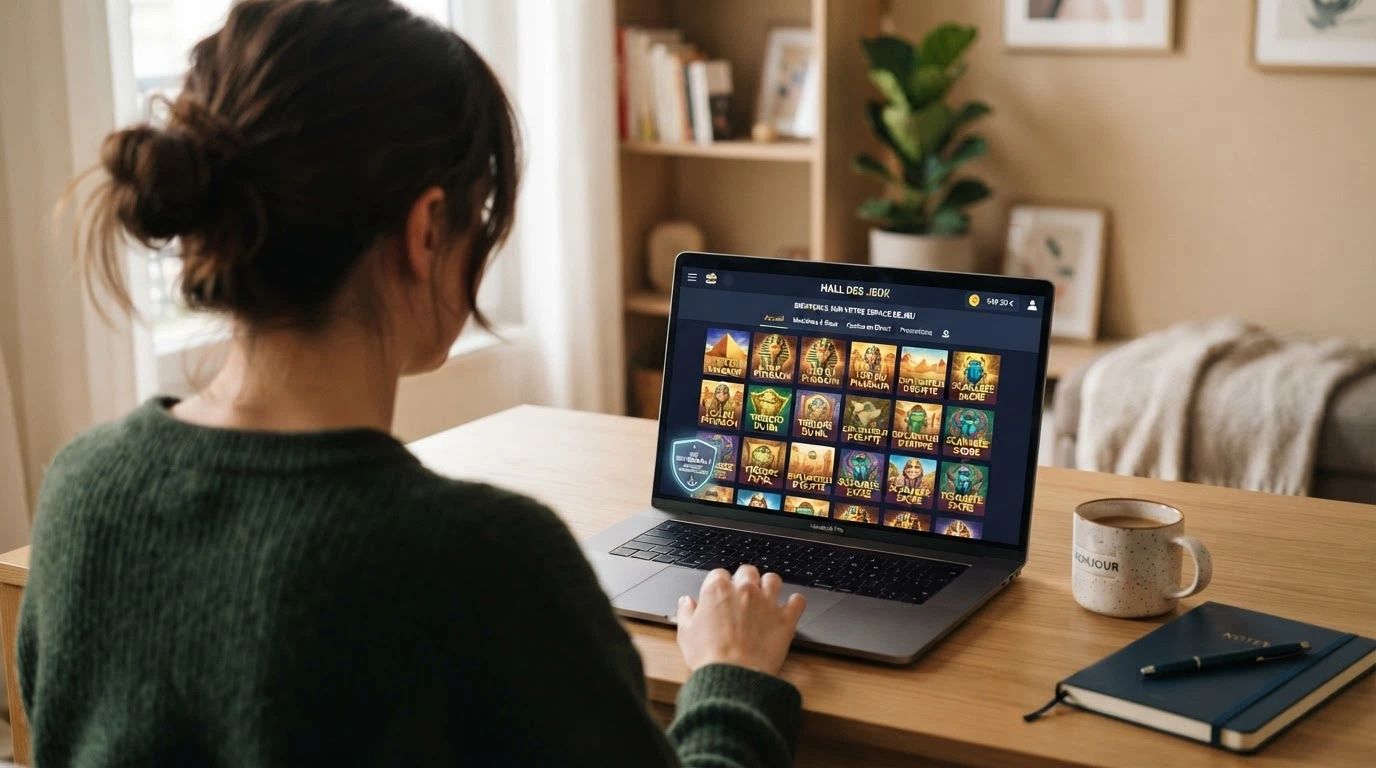 Interface de casino en ligne affichant la ludothèque de machines à sous dont Book of Ra, avec un badge de licence internationale visible et une mise en garde visuelle sur l'absence d'agrément ANJ