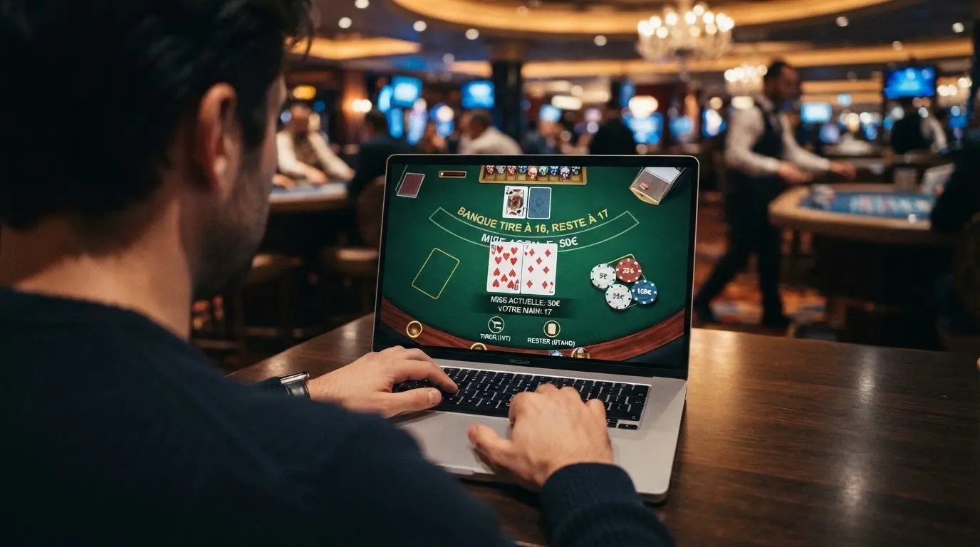 Une table de jeu de blackjack virtuelle avec des jetons, en arrière-plan flouté des logos de casinos et le drapeau français