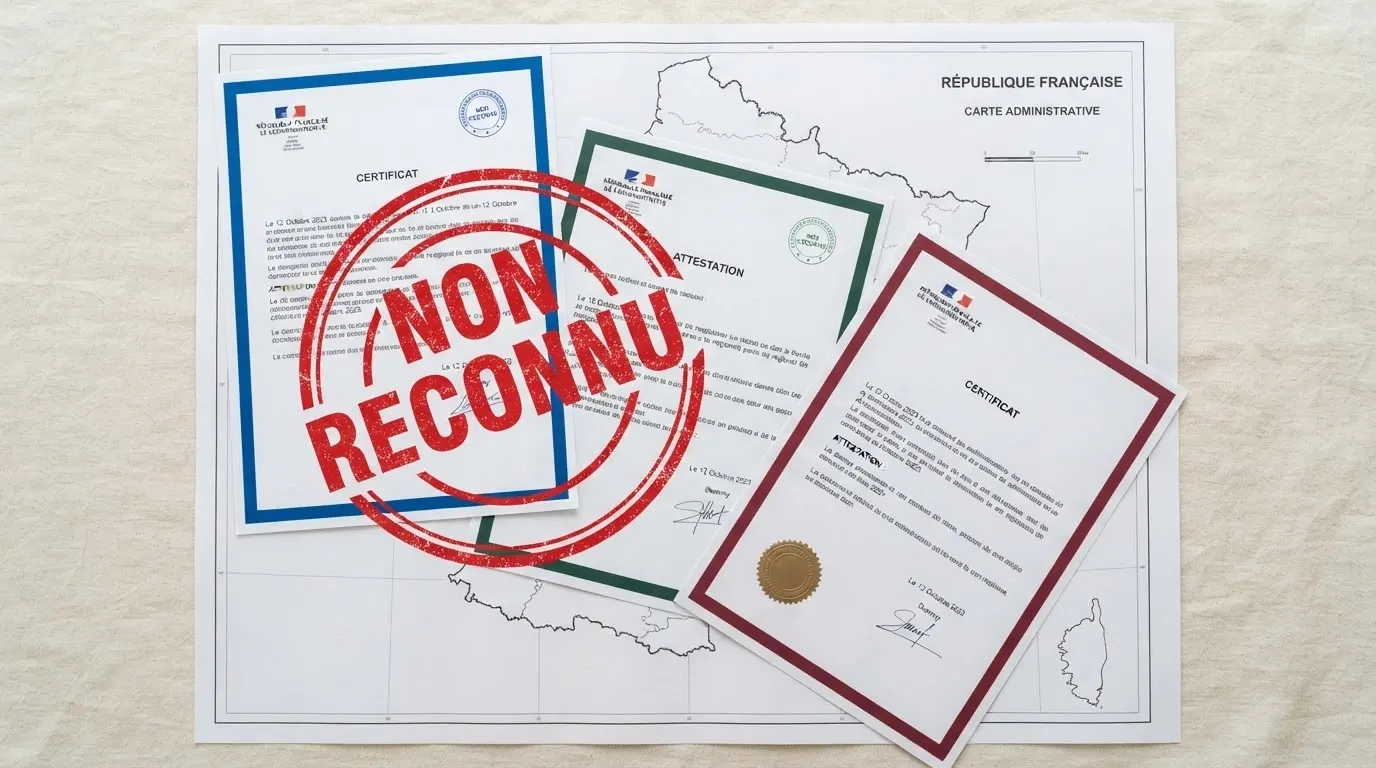 Trois certificats de licence (Anjouan, Curaçao, Malte) juxtaposés sur une carte de France, avec un tampon rouge « Non reconnu par l'ANJ » sur les deux premiers.