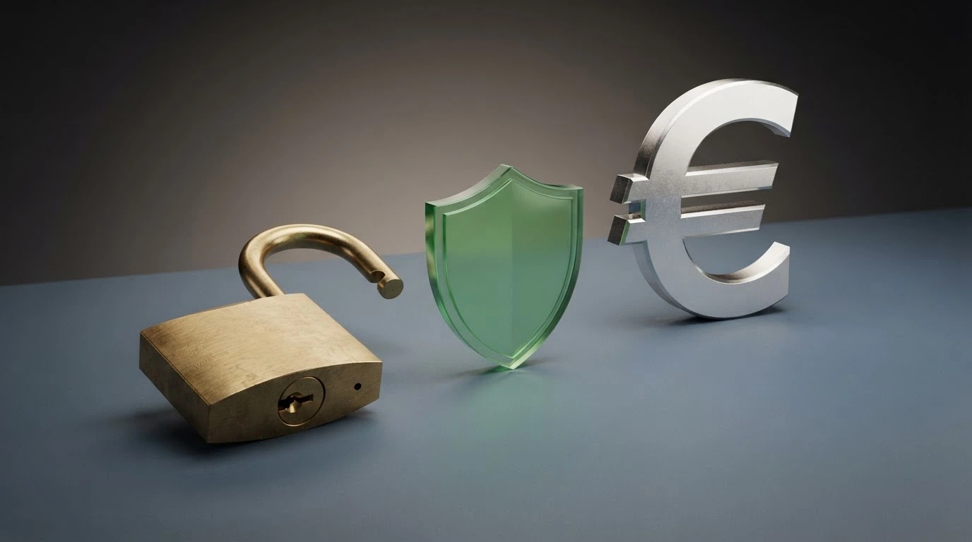 Une grille comparative stylisée avec des icônes de licence, un cadenas ouvert et des montants en euros