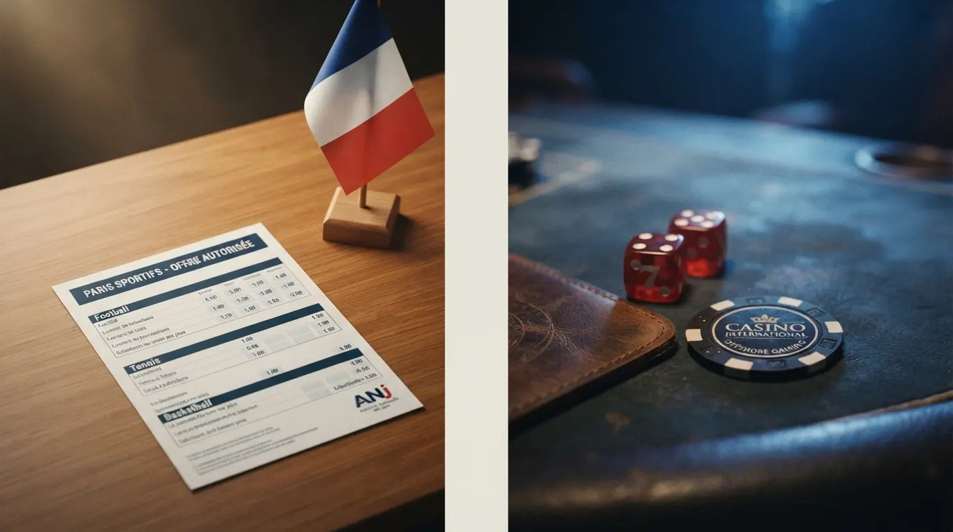 Une ligne de partage visuelle : d'un côté les logos des opérateurs agréés ANJ sous une bannière « Agréé France », de l'autre les opérateurs offshore sous une bannière « Licence étrangère », avec pour chaque groupe l'indication du type d'offre