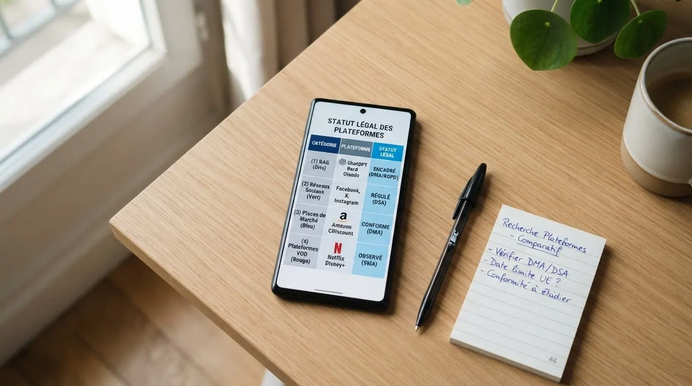 Écran d'iPhone affichant un tableau comparatif des 10 plateformes de jeu avec leurs statuts légaux
