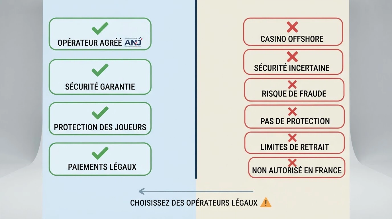 Un tableau à deux colonnes contrastant les logos d'opérateurs agréés ANJ (à gauche) et de casinos offshore (à droite), séparés par une ligne verticale