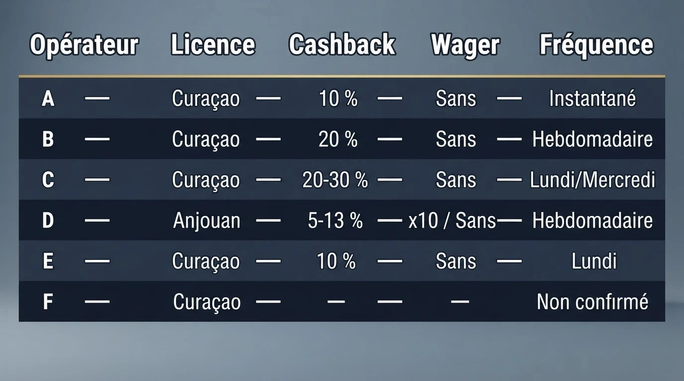 Tableau comparatif listant les casinos avec leur licence, le pourcentage de cashback, les conditions de mise et la fréquence de versement
