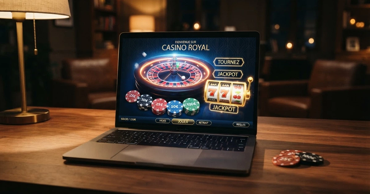 Comparaison de casinos en ligne affichée sur un écran, avec des icônes de bonus, de sécurité et de jeux