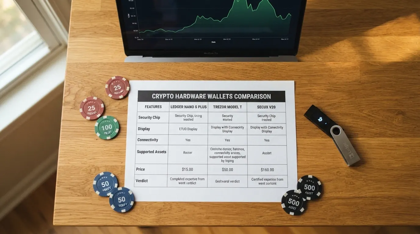 Tableau comparatif posé sur un bureau avec des jetons de casino et une Ledger Nano, écran d'ordinateur en arrière-plan affichant une courbe de prix Ethereum