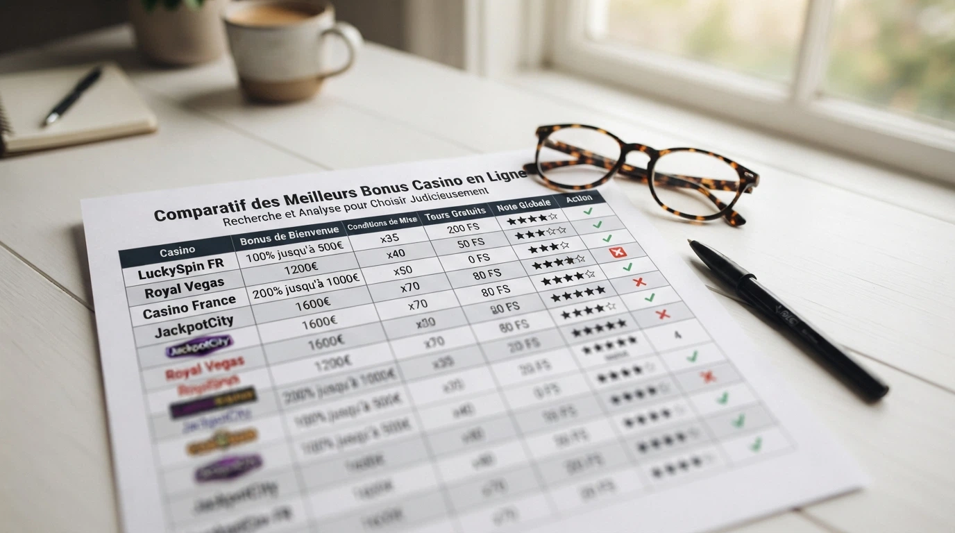 Grille comparative de casinos avec leurs bonus, licences et conditions de wagering