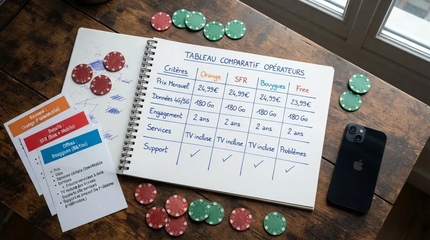 Un tableau comparatif manuscrit posé sur un bureau, avec des fiches d'opérateurs de casino éparpillées autour, des jetons de poker et un téléphone affichant une cote de pari sportif
