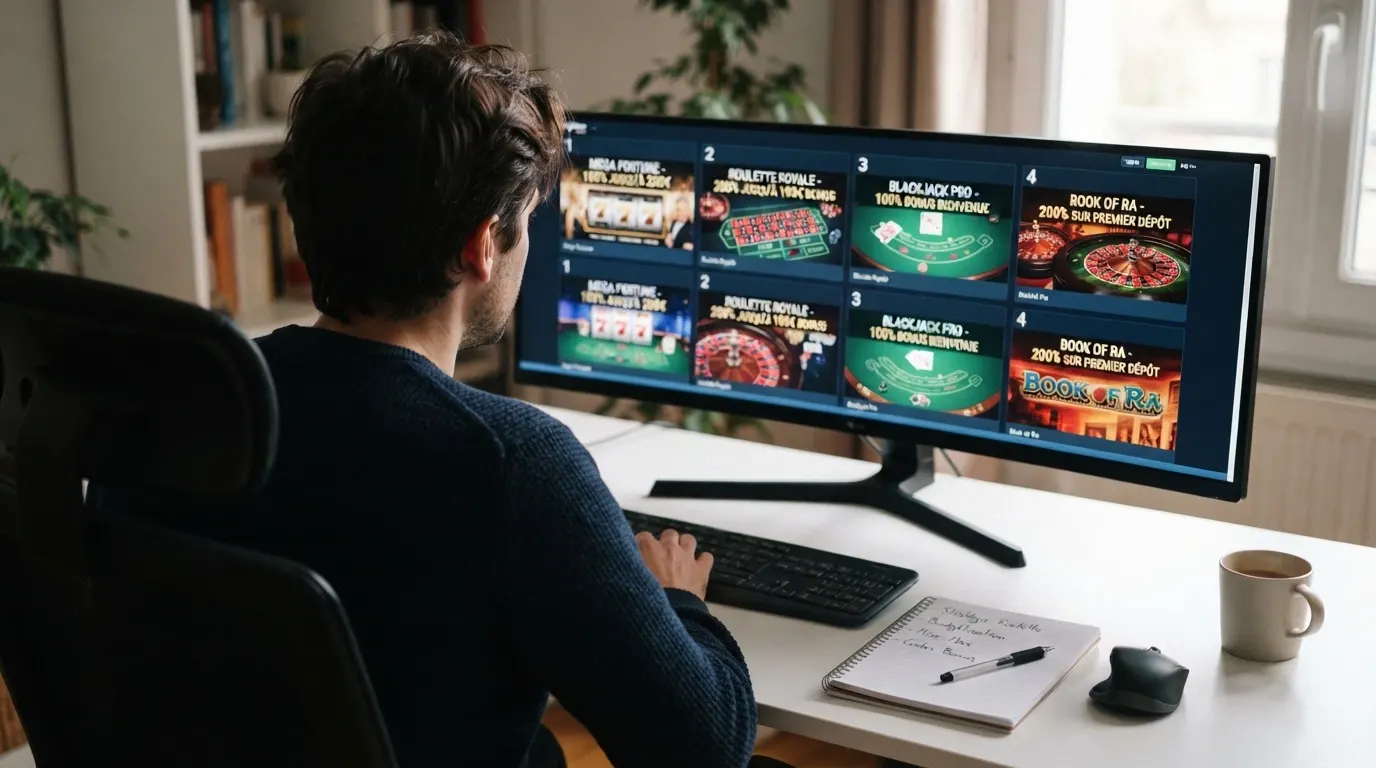 Écran partagé montrant plusieurs interfaces de casinos en ligne avec leurs badges de licence et leurs offres de bienvenue