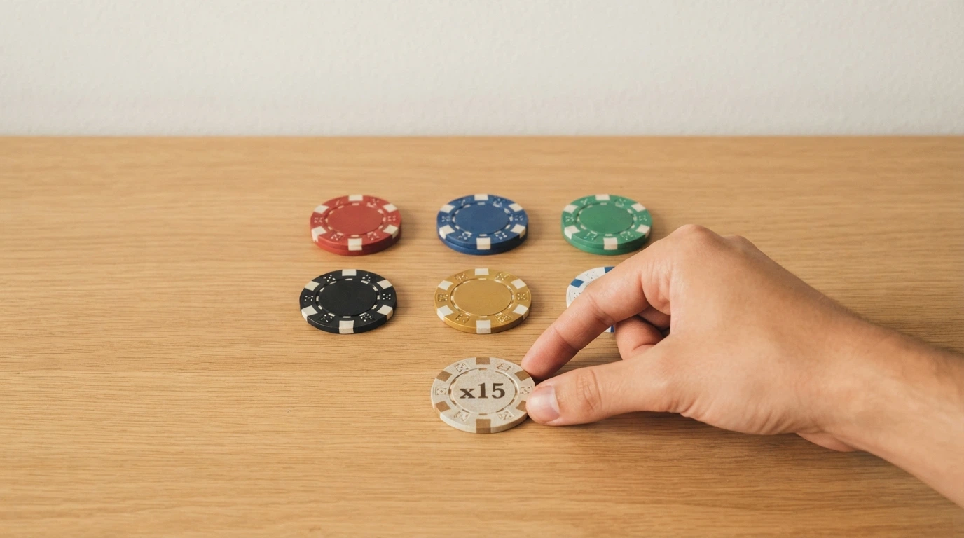 Une table de comparaison posée sur un bureau, avec six colonnes vides surmontées de fiches représentant différents casinos, une main y dépose une fiche « wagering x15 »