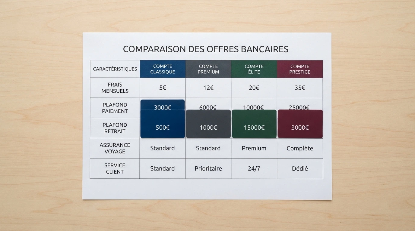 Une grille de comparaison posée sur un bureau, avec des cartes Revolut de différentes couleurs alignées devant chaque colonne