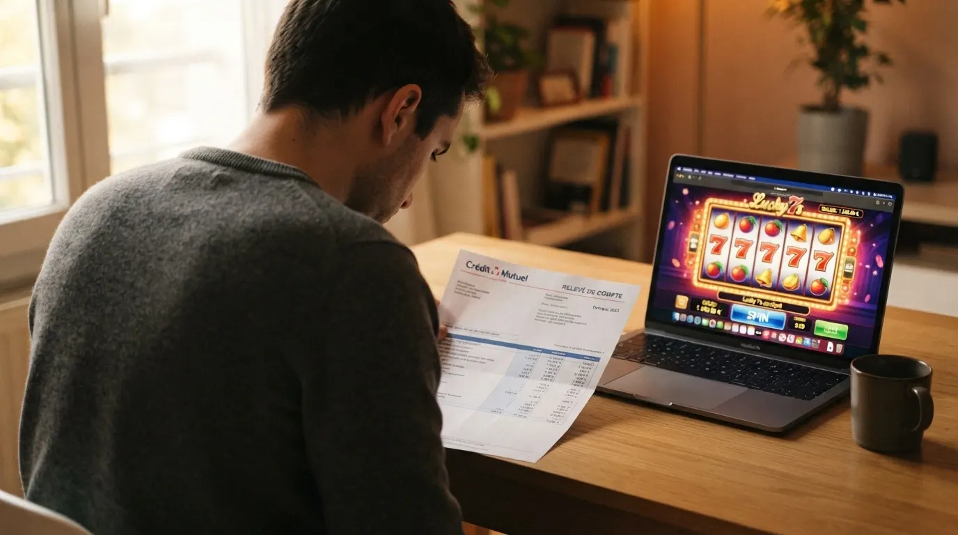 Un joueur qui consulte son relevé de compte bancaire à côté d'un écran de casino