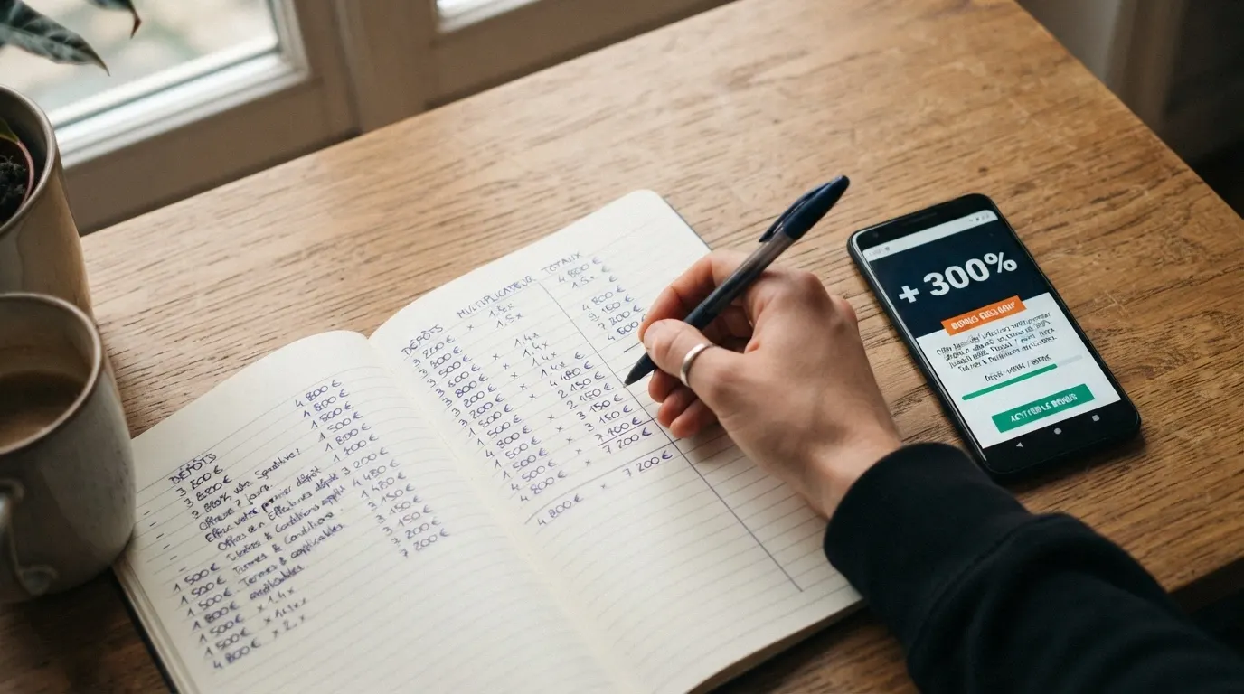 Une calculette posée à côté d'un écran affichant les petites lignes de conditions de mise